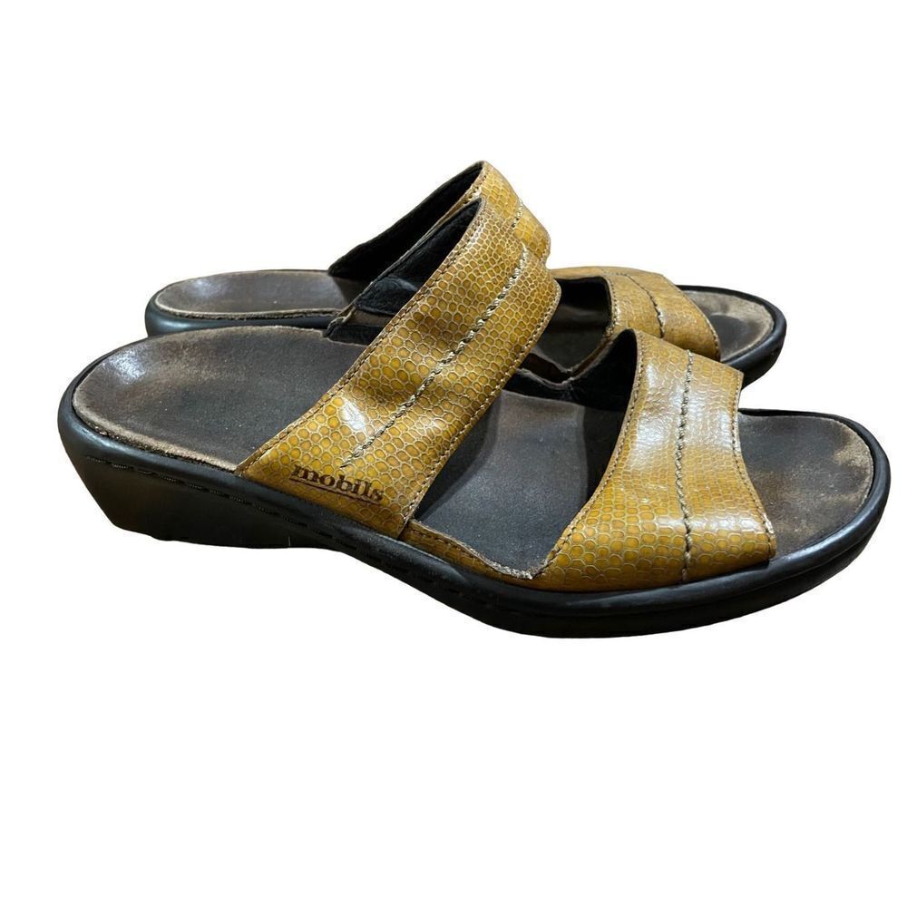Mephisto Mobils golden yellow snakeskin print Leather Strap Slide sandals